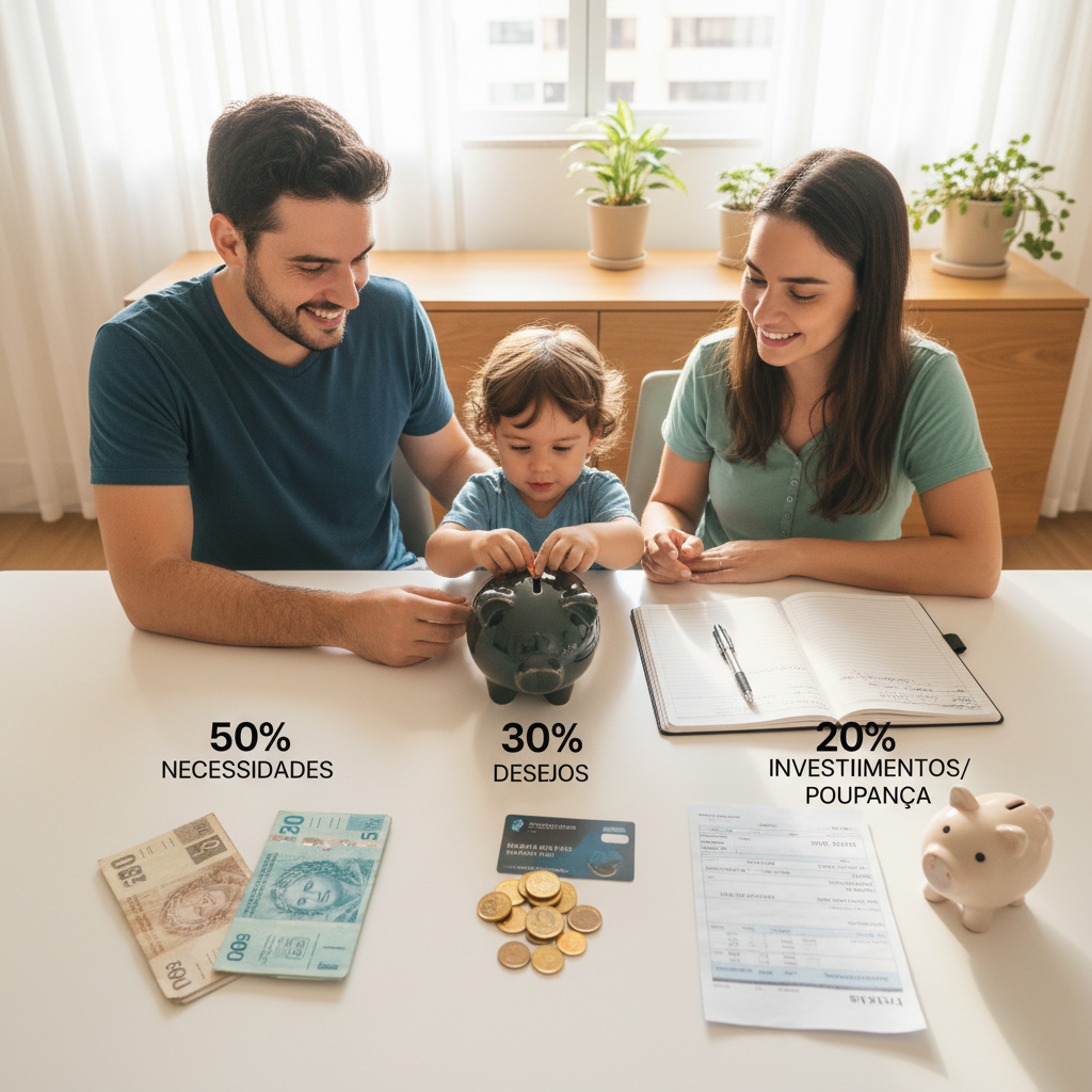 Infográfico da regra 50-30-20 para poupar dinheiro com organização financeira