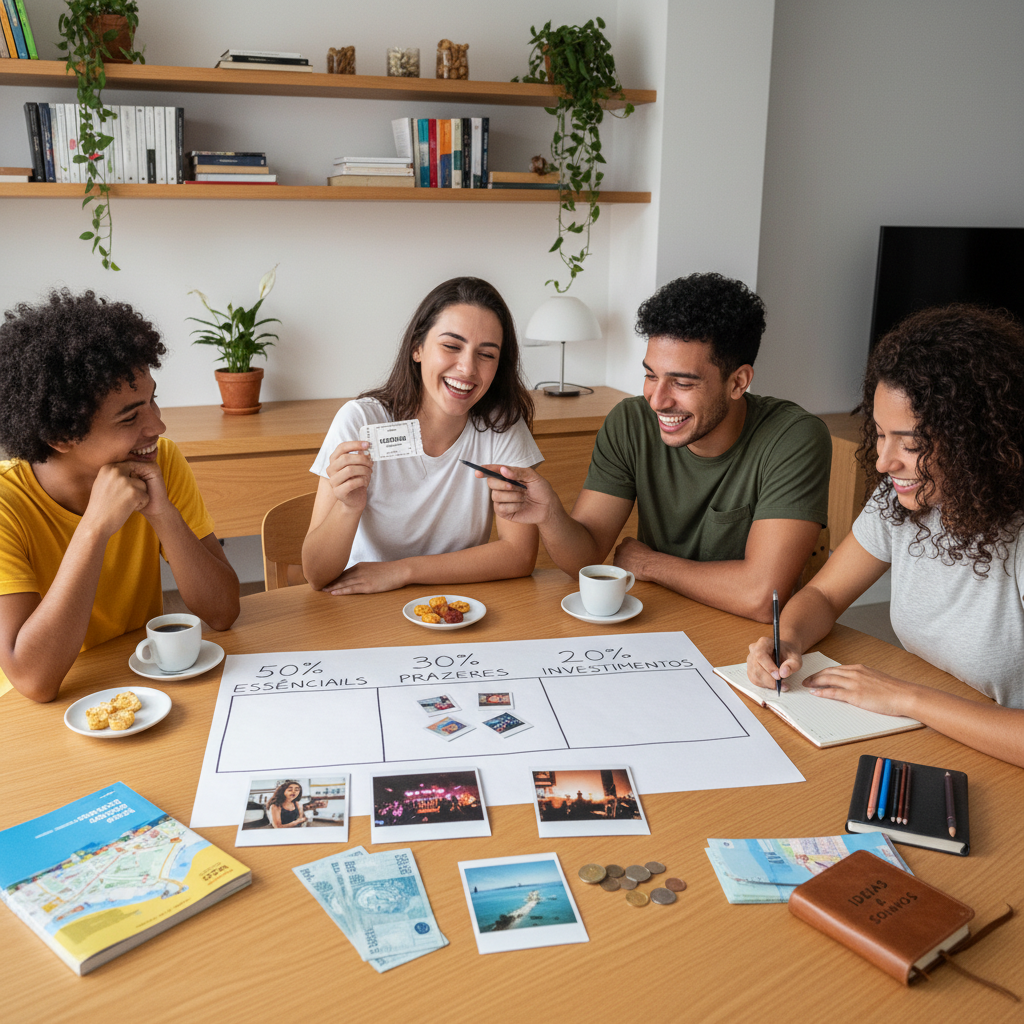 Pessoa em um restaurante usando o celular para registrar gastos com lazer dentro do planejamento financeiro 50 30 20