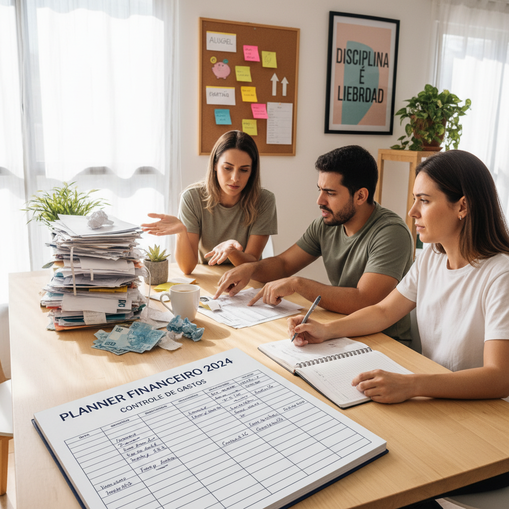Homem frustrado olhando para pilhas de notas fiscais e um planner financeiro de papel