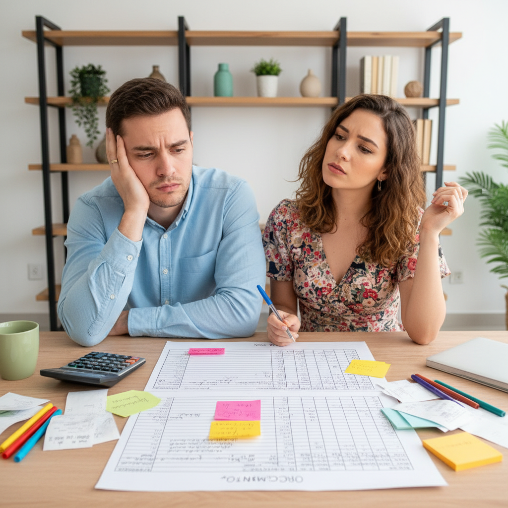 Pessoa frustrada tentando preencher planner financeiro casal em uma planilha de Excel complexa