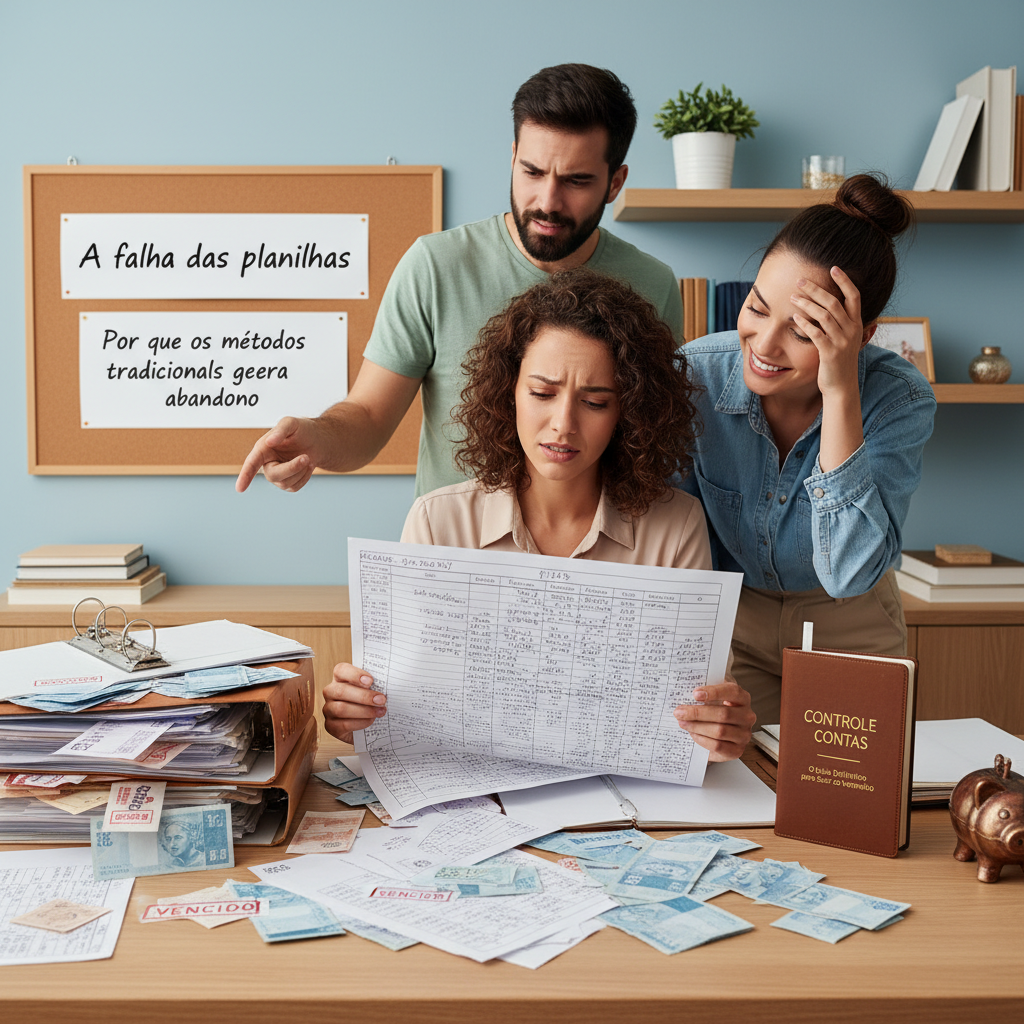 Pessoa frustrada tentando preencher uma planilha de controle de contas complexa