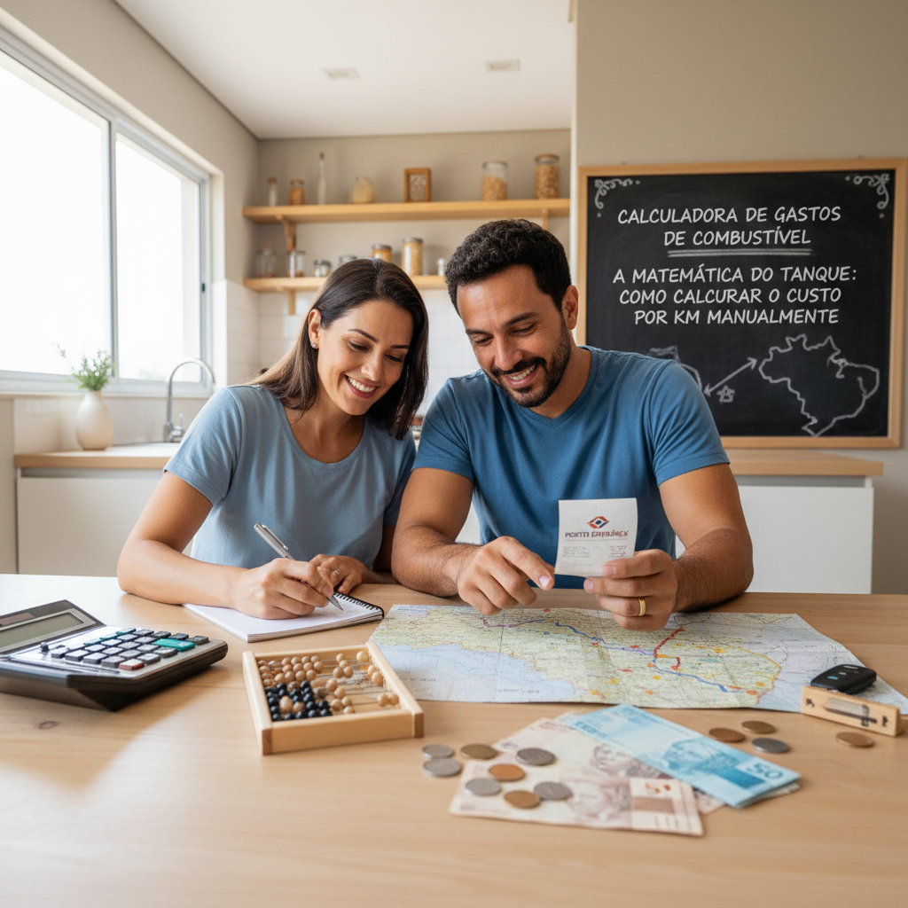 Mão segurando um smartphone com o WhatsApp aberto registrando gastos de combustível manualmente