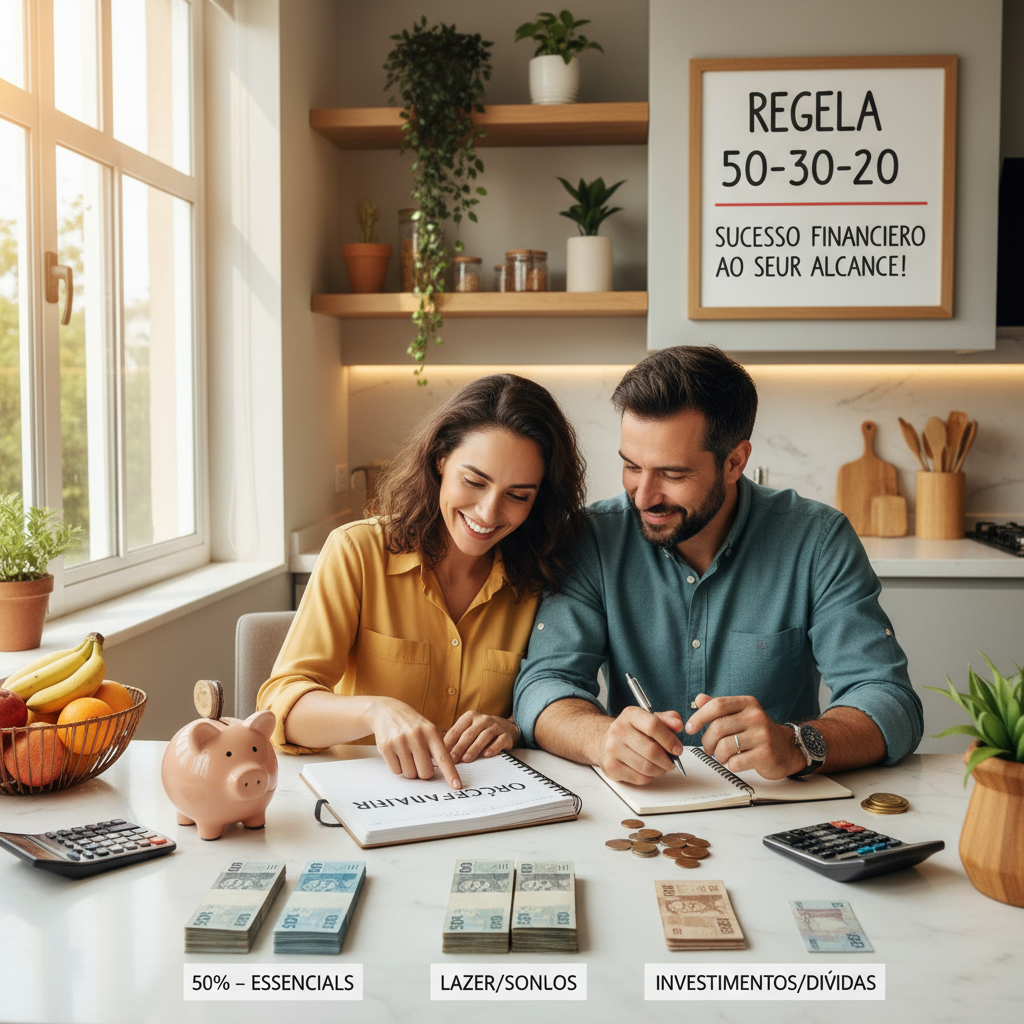 Gráfico colorido ilustrando a regra 50-30-20 na gestão financeira doméstica
