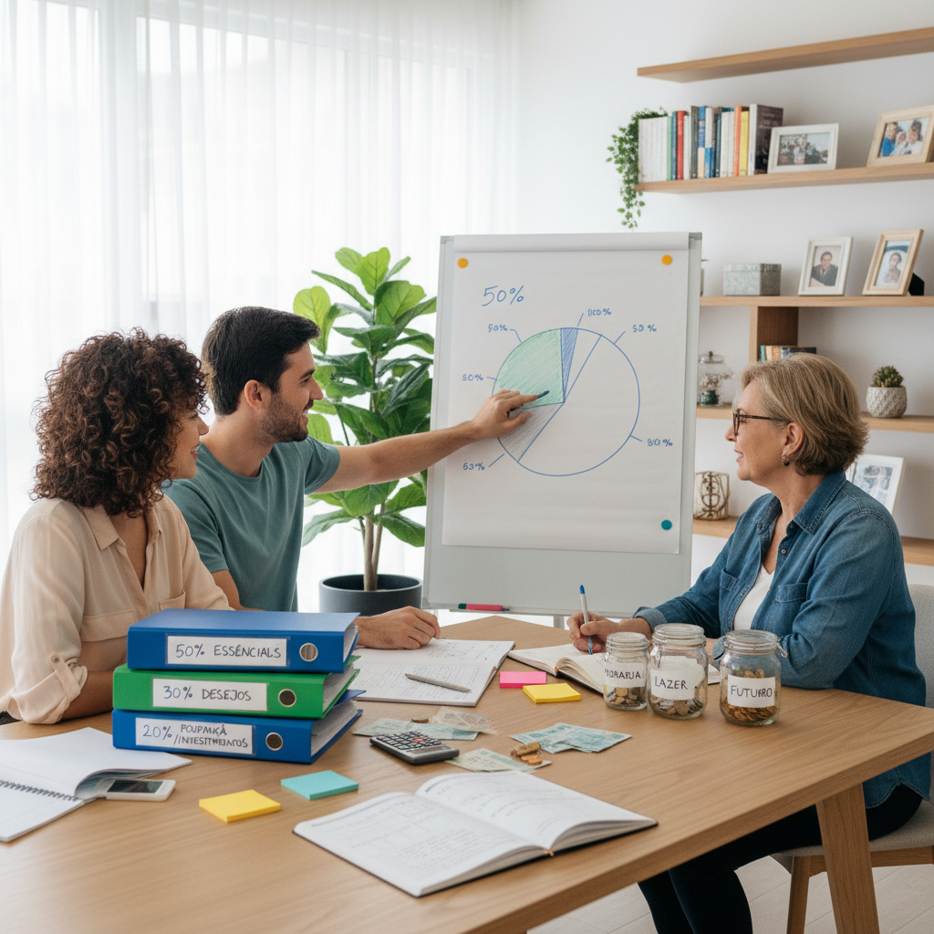 Gráfico circular mostrando a regra 50-30-20 para organização financeira mensal