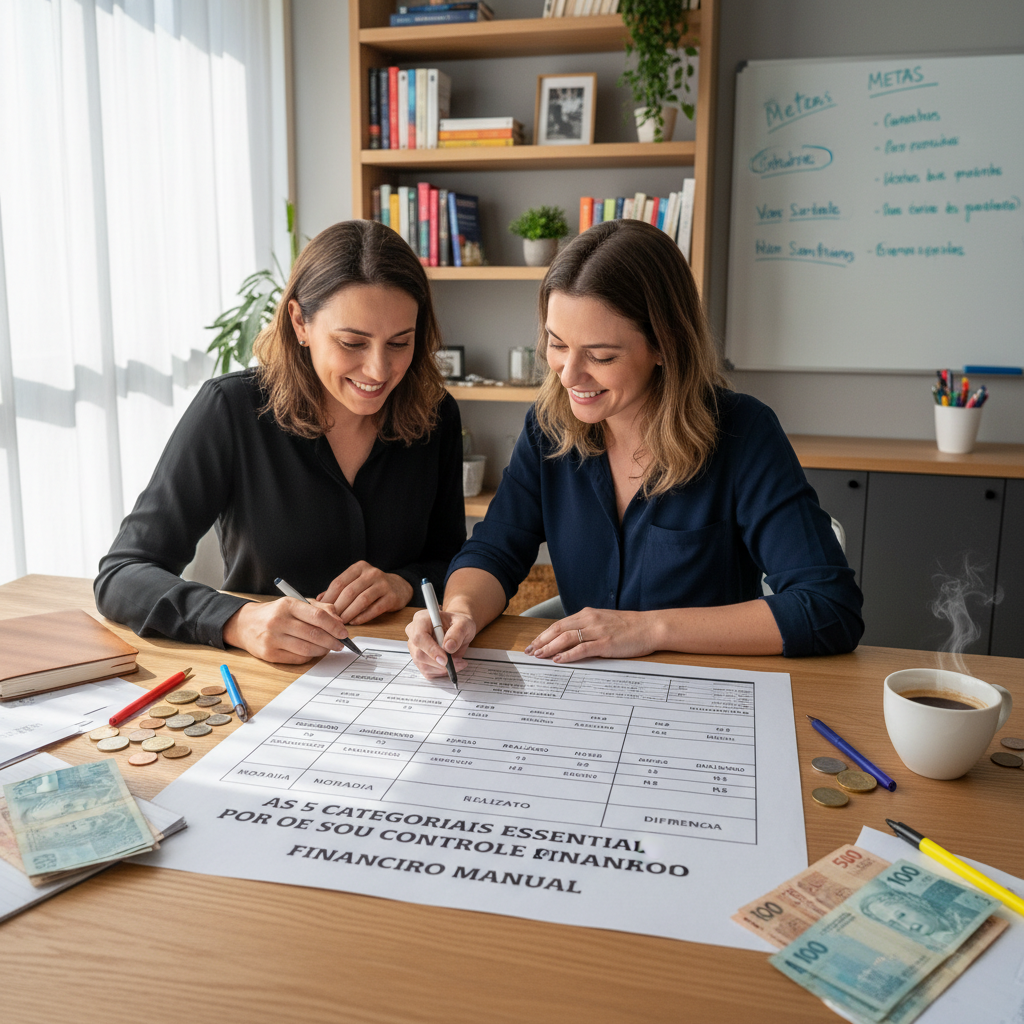 Categorias de gastos divididas em uma planilha de controle financeiro