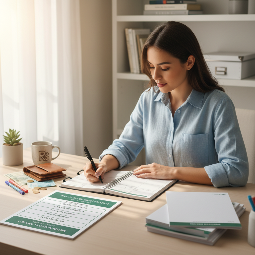 Infográfico mostrando seções de receitas, gastos fixos, variáveis e metas em um planner financeiro