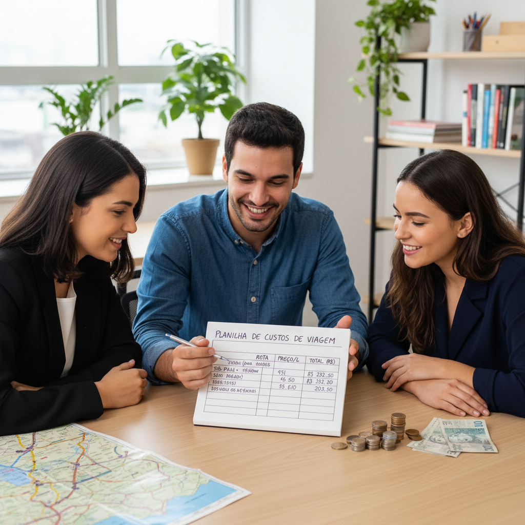 Ilustração de uma calculadora de gastos de combustível digital comparando preços e distâncias