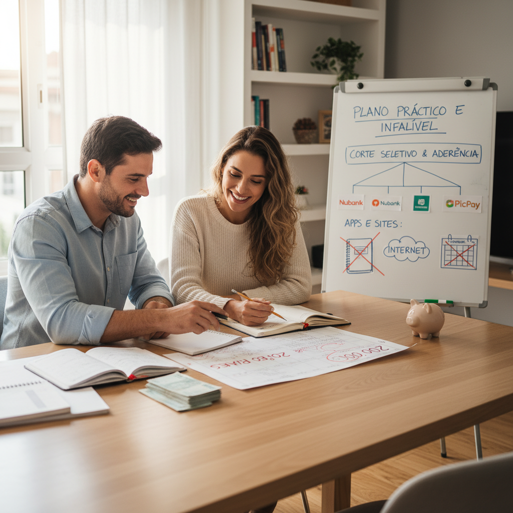Gráfico de pizza mostrando divisão de gastos e cortes estratégicos para economizar