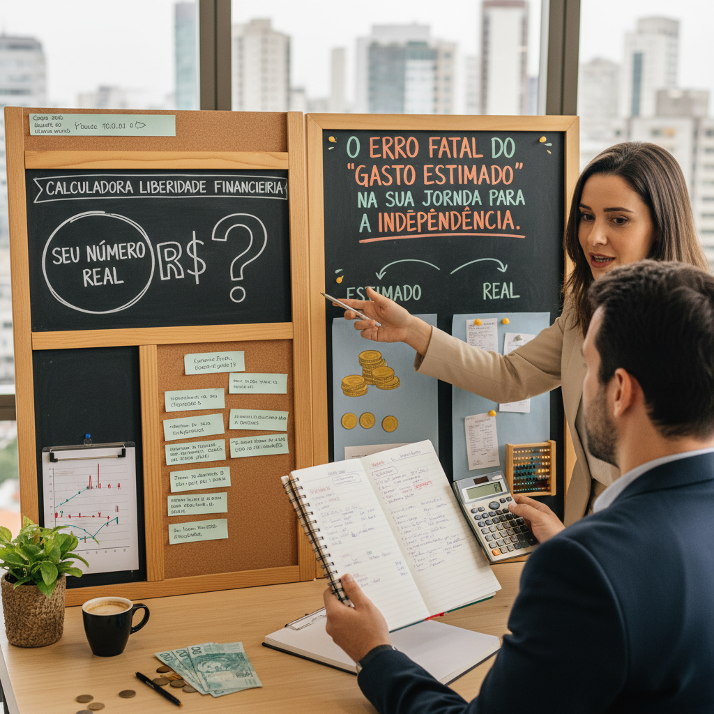 Pessoa analisando gastos reais para usar na calculadora liberdade financeira