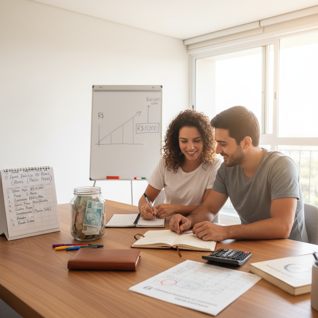 Infográfico ensinando como juntar 10 mil reais com metas mensais e disciplina
