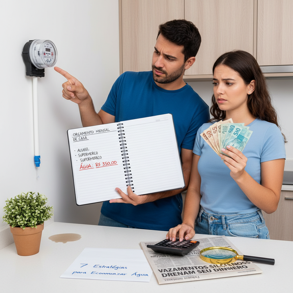 Ilustração de vazamentos de água causando impacto financeiro negativo