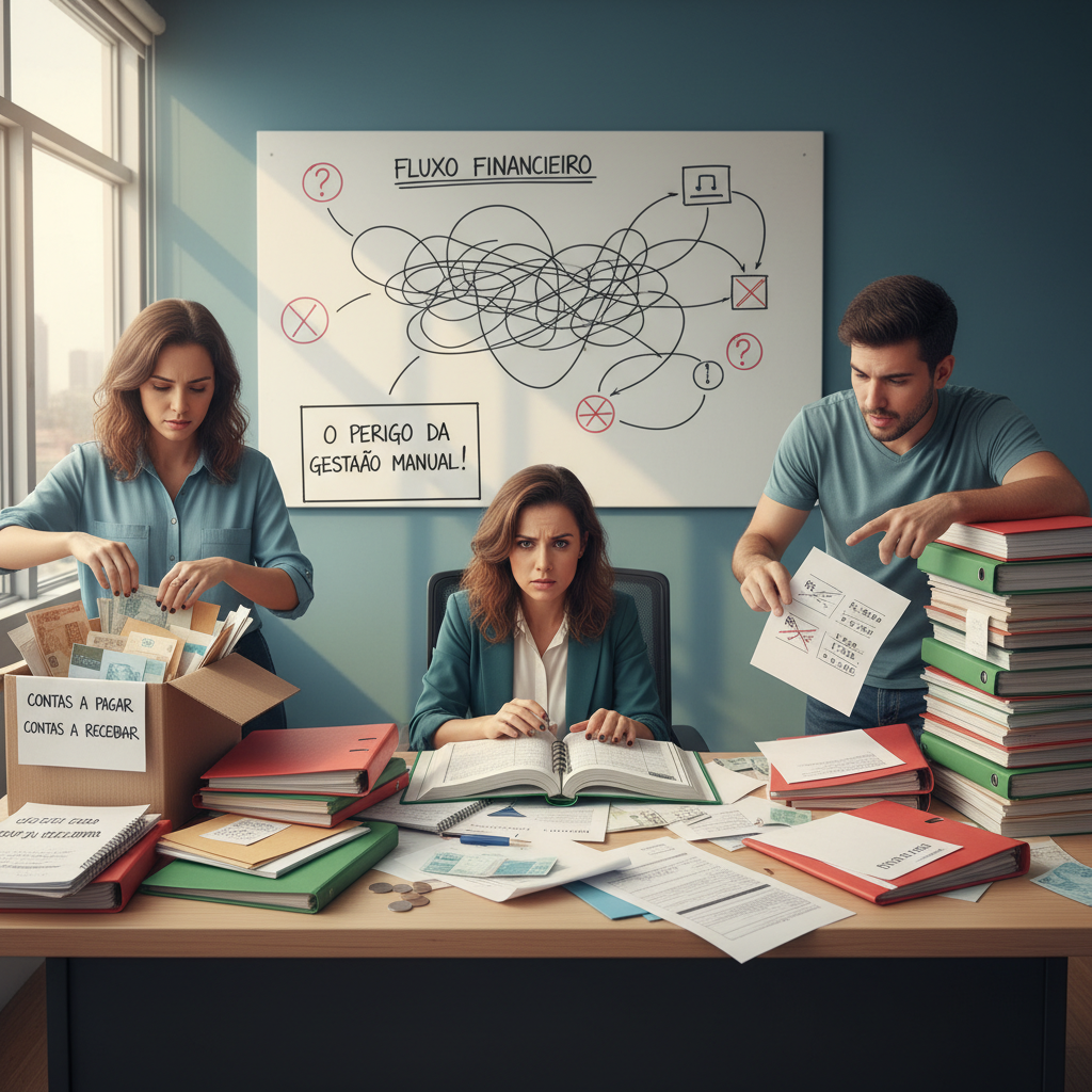 Mãos segurando um caderno e um celular comparando gestão manual e digital
