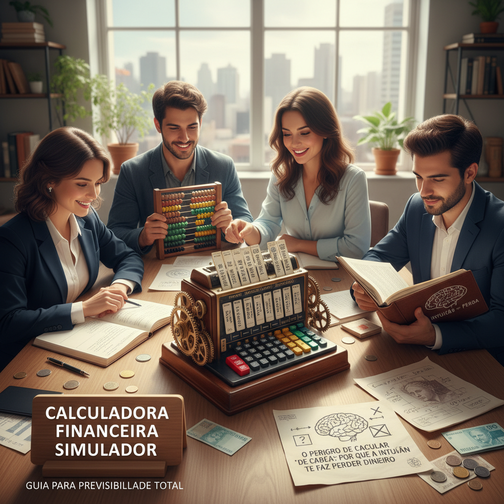 Homem preocupado tentando calcular gastos de cabeça sem usar uma calculadora financeira simulador