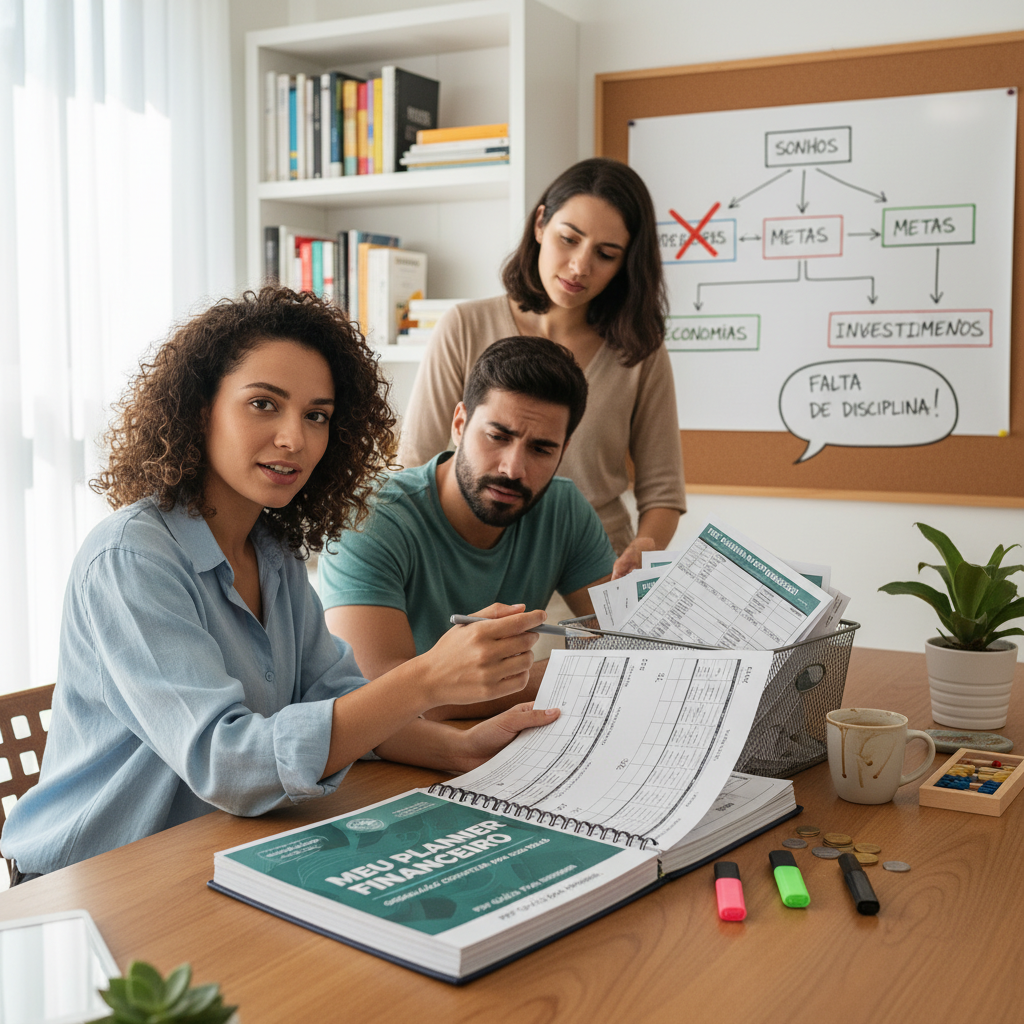 Pessoa demonstrando frustração ao tentar carregar planner físico volumoso e anotar gastos enquanto está na rua com sacolas de compras
