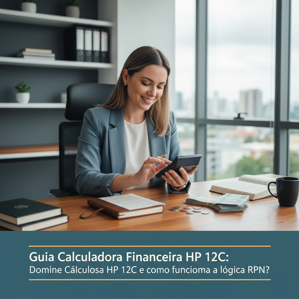 Calculadora financeira HP 12C exibindo a lógica RPN e funções financeiras