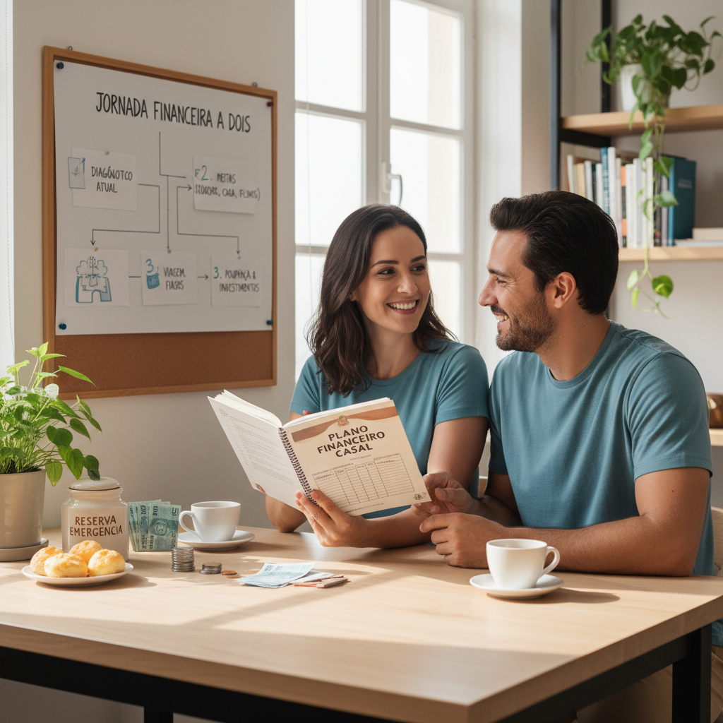 Casal conversando sobre organização financeira casal de forma tranquila e transparente