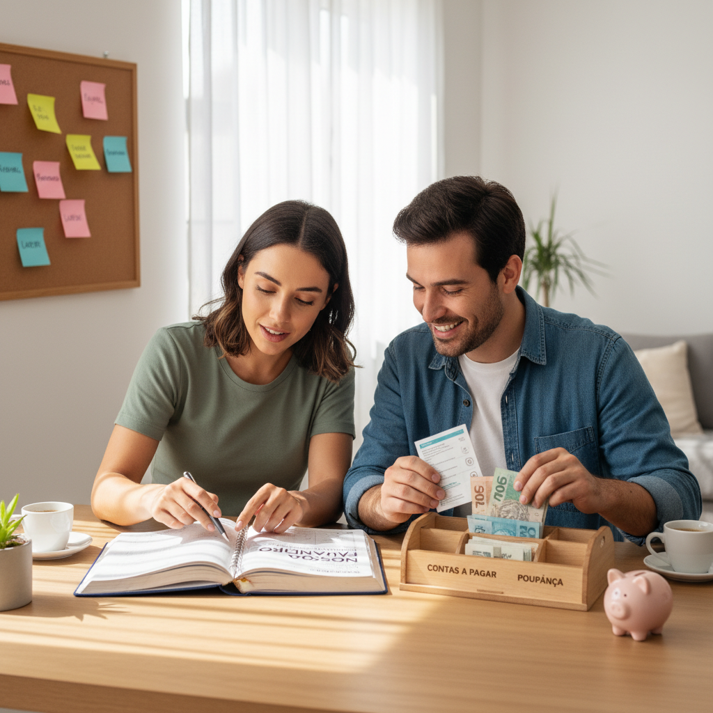 Casal sorridente usando aplicativo de controle financeiro para casal no celular para planejar viagem