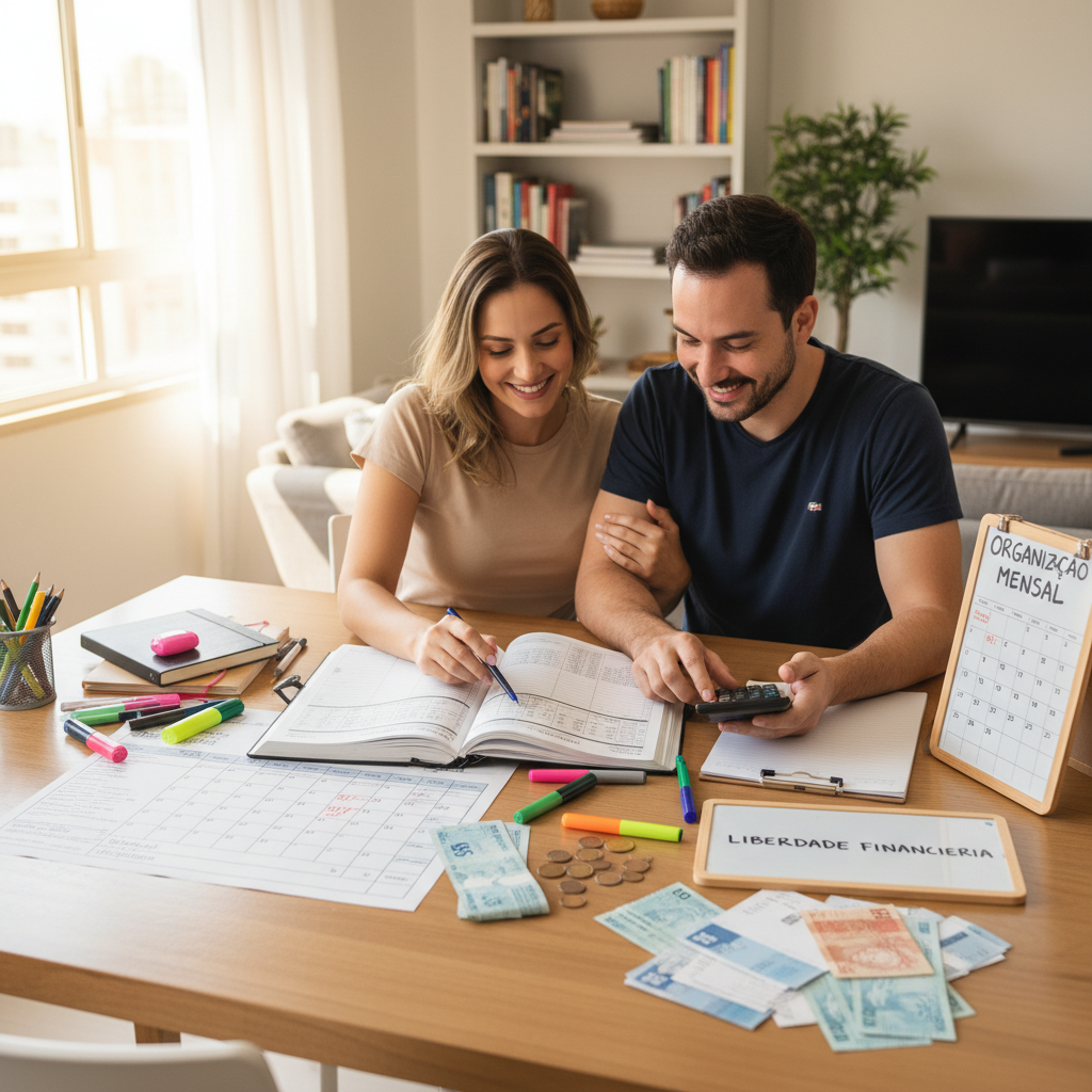 Pessoa visualizando organização financeira mensal no celular com gráficos positivos