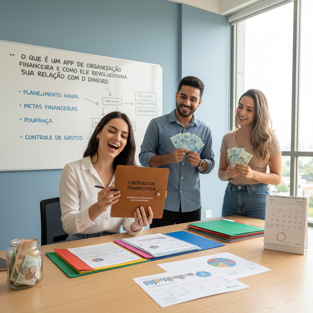 Homem usando organização financeira app no celular para gerir orçamento