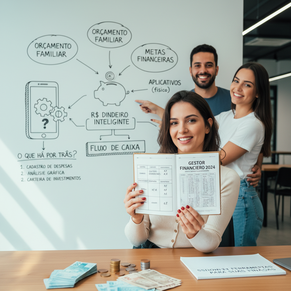 Homem frustrado olhando para o celular e comparando app financeiros com extratos bancários