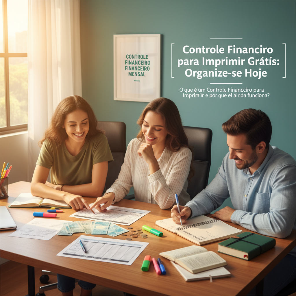 Papel de controle financeiro para imprimir grátis com caneta e calculadora simbolizando consciência financeira