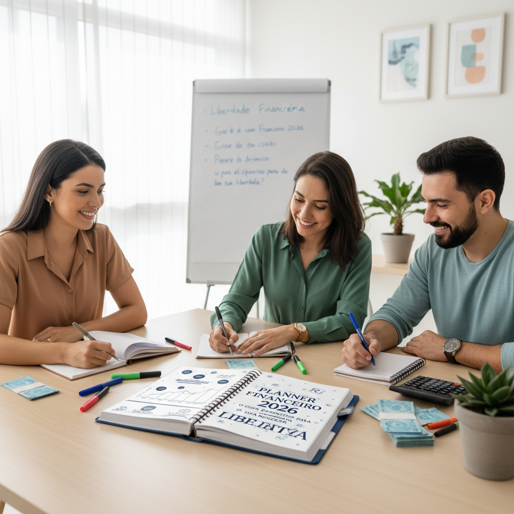 Planner financeiro 2026 com foco em metas de liberdade financeira e planejamento estratégico