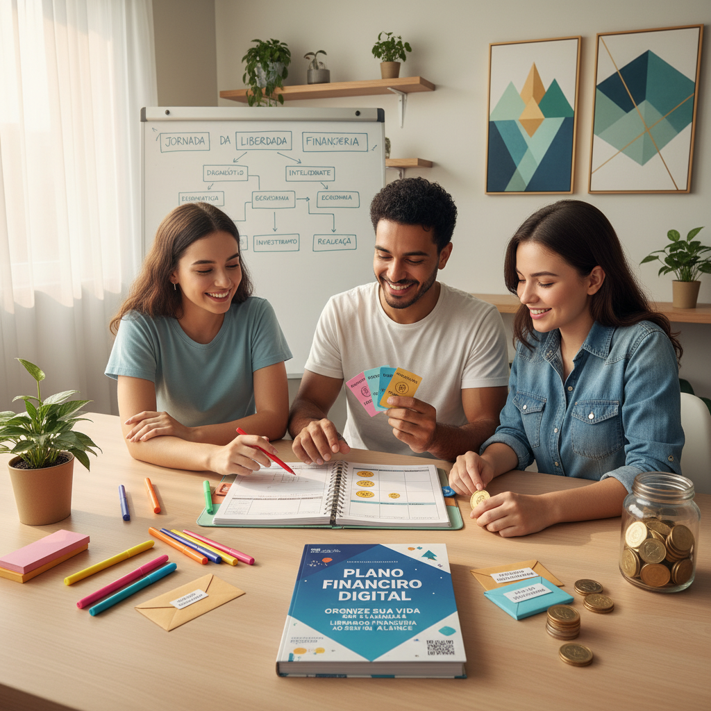 Homem analisando planner financeiro digital no smartphone com gráficos de crescimento