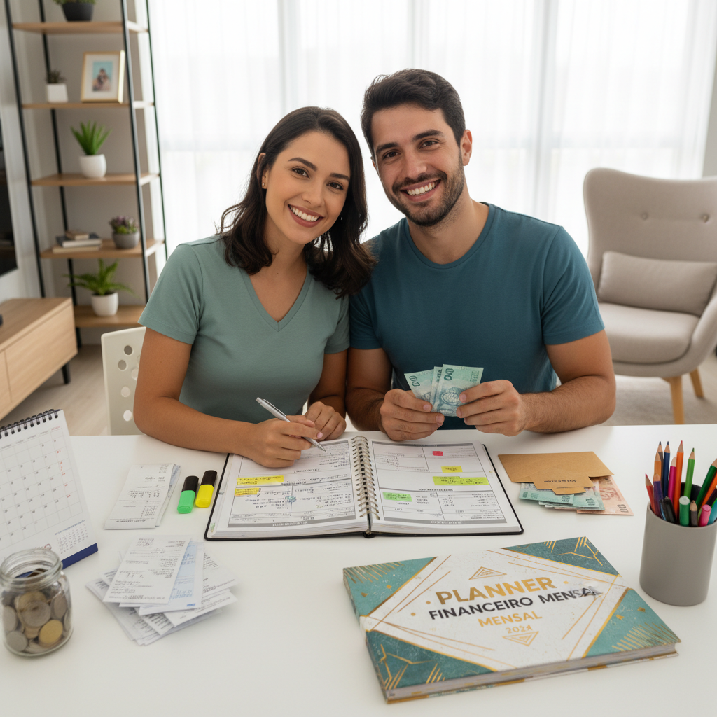 Pessoa utilizando um planner financeiro mensal para organizar metas e conquistas