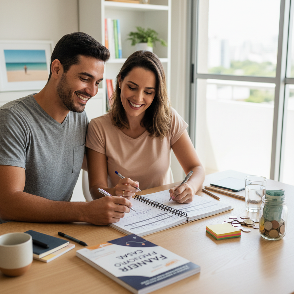 Casal conversando sobre planner financeiro casal e organizando finanças no sofá