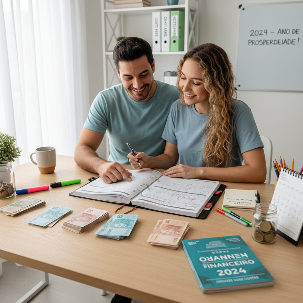 Planner financeiro para imprimir sobre uma mesa organizada com caneta e café