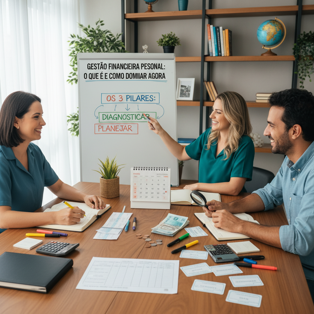 Diagrama mostrando os três pilares do controle financeiro pessoal eficiente