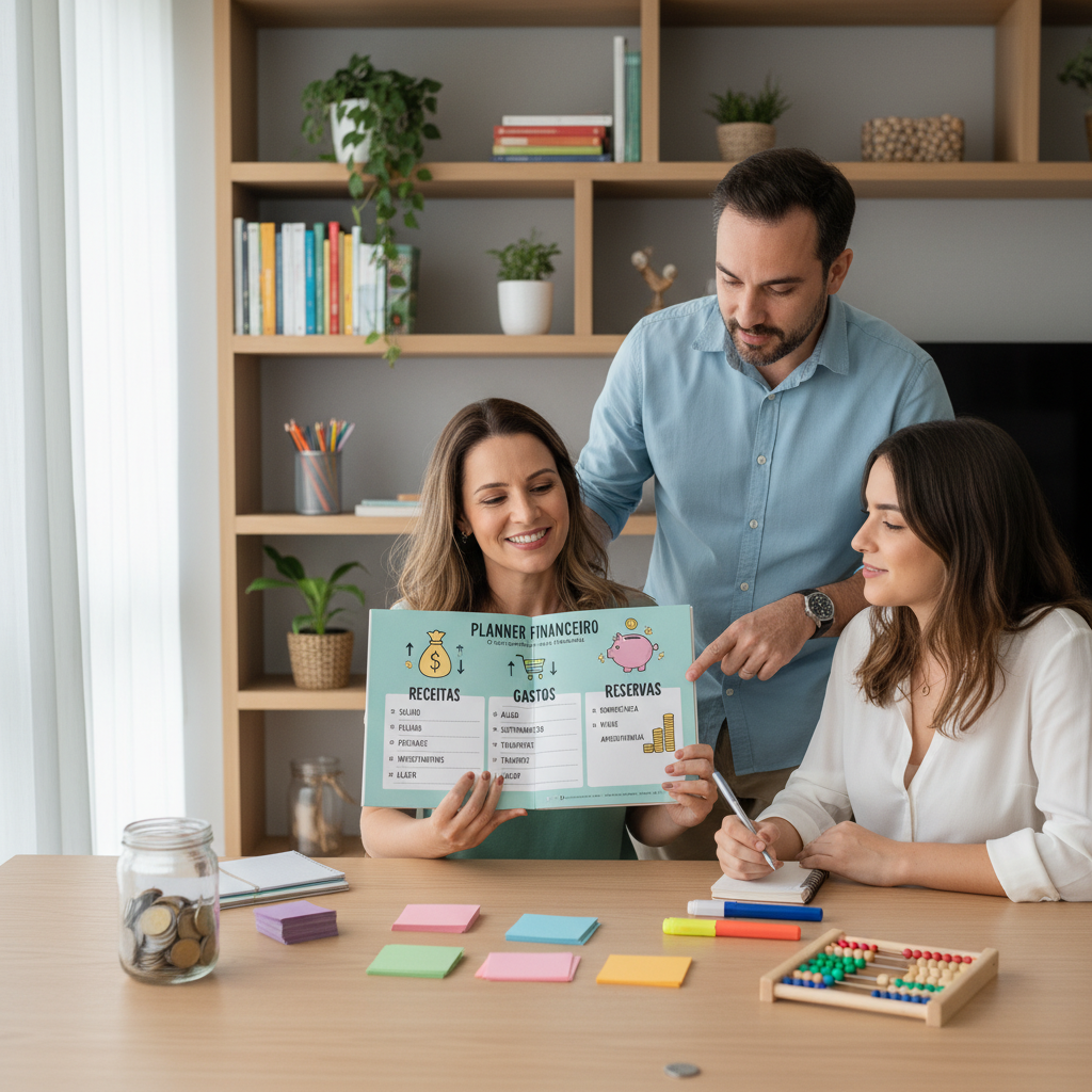 Infográfico sobre os 3 pilares do planner financeiro pessoal: receitas, gastos e reservas