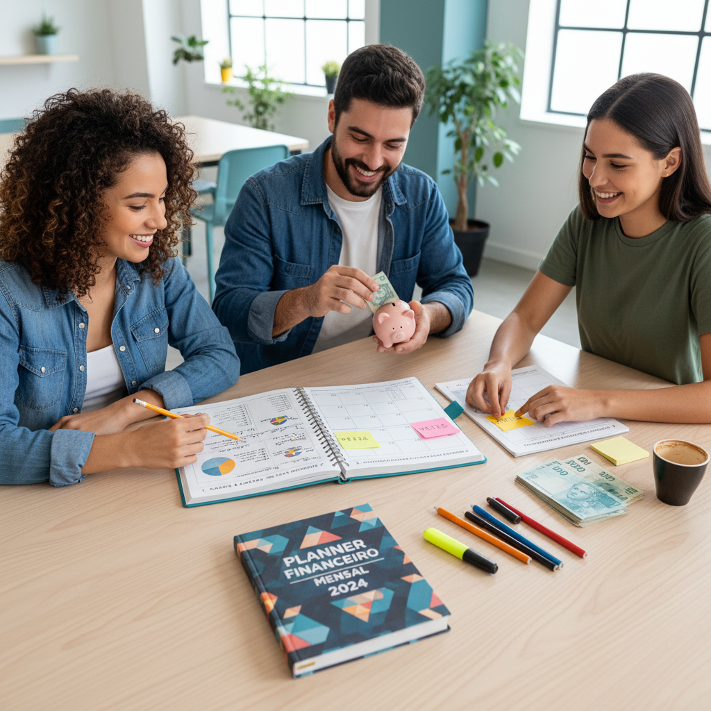 Infográfico mostrando os 3 pilares do planner financeiro mensal: diagnóstico, metas e acompanhamento