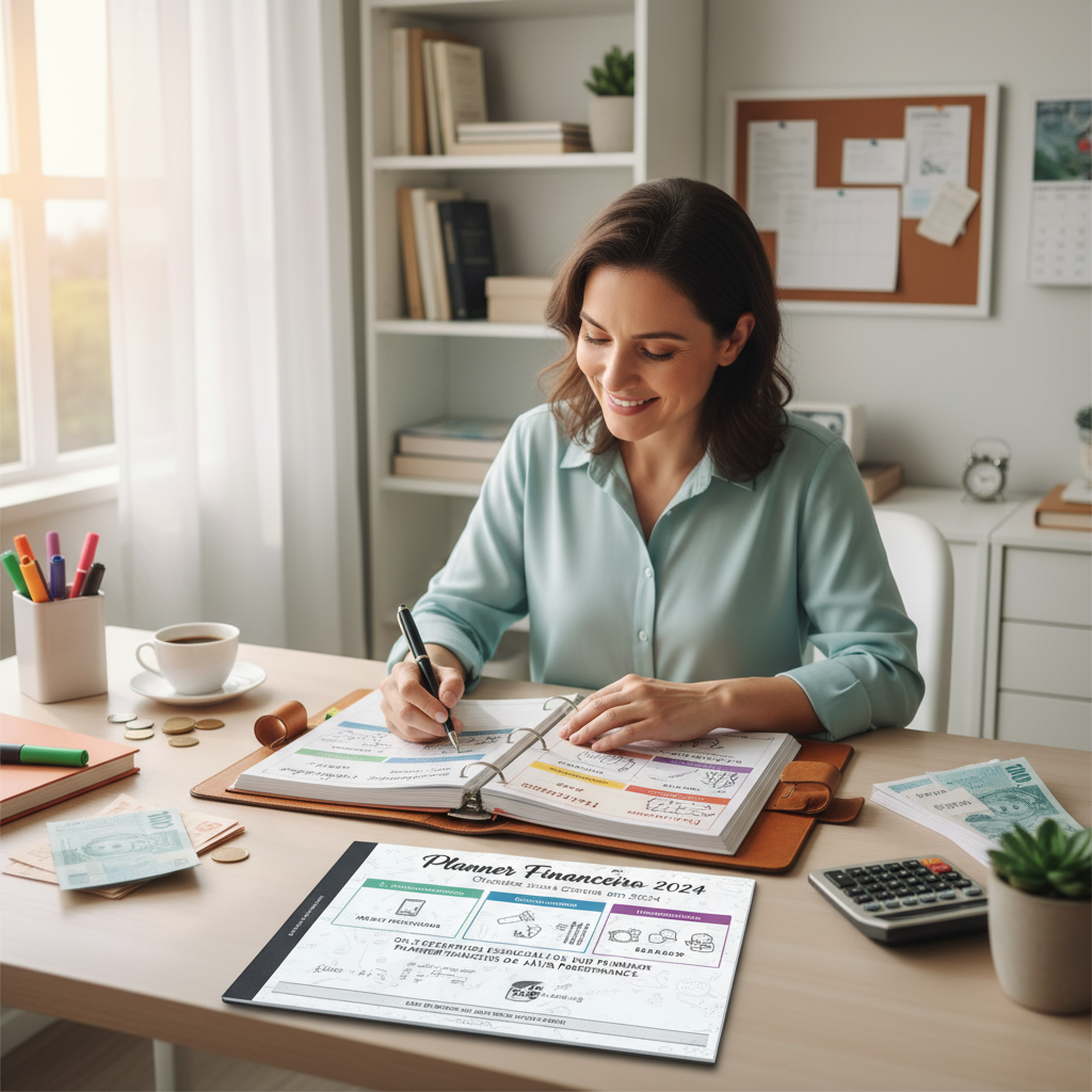 Infográfico detalhando elementos de um planner financeiro para imprimir de alta performance