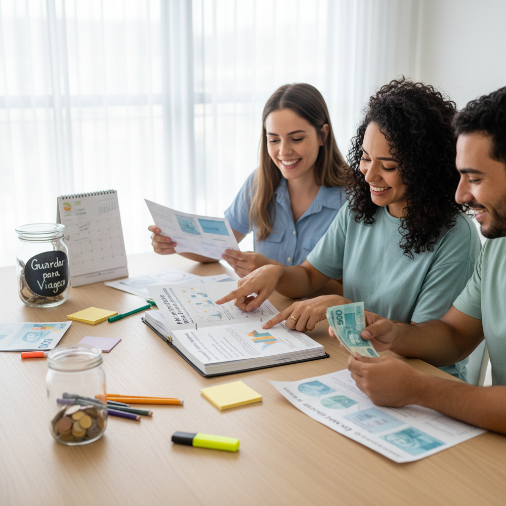 Mão feminina preenchendo detalhadamente um planner financeiro impresso com categorias de gastos destacadas em cores diferentes