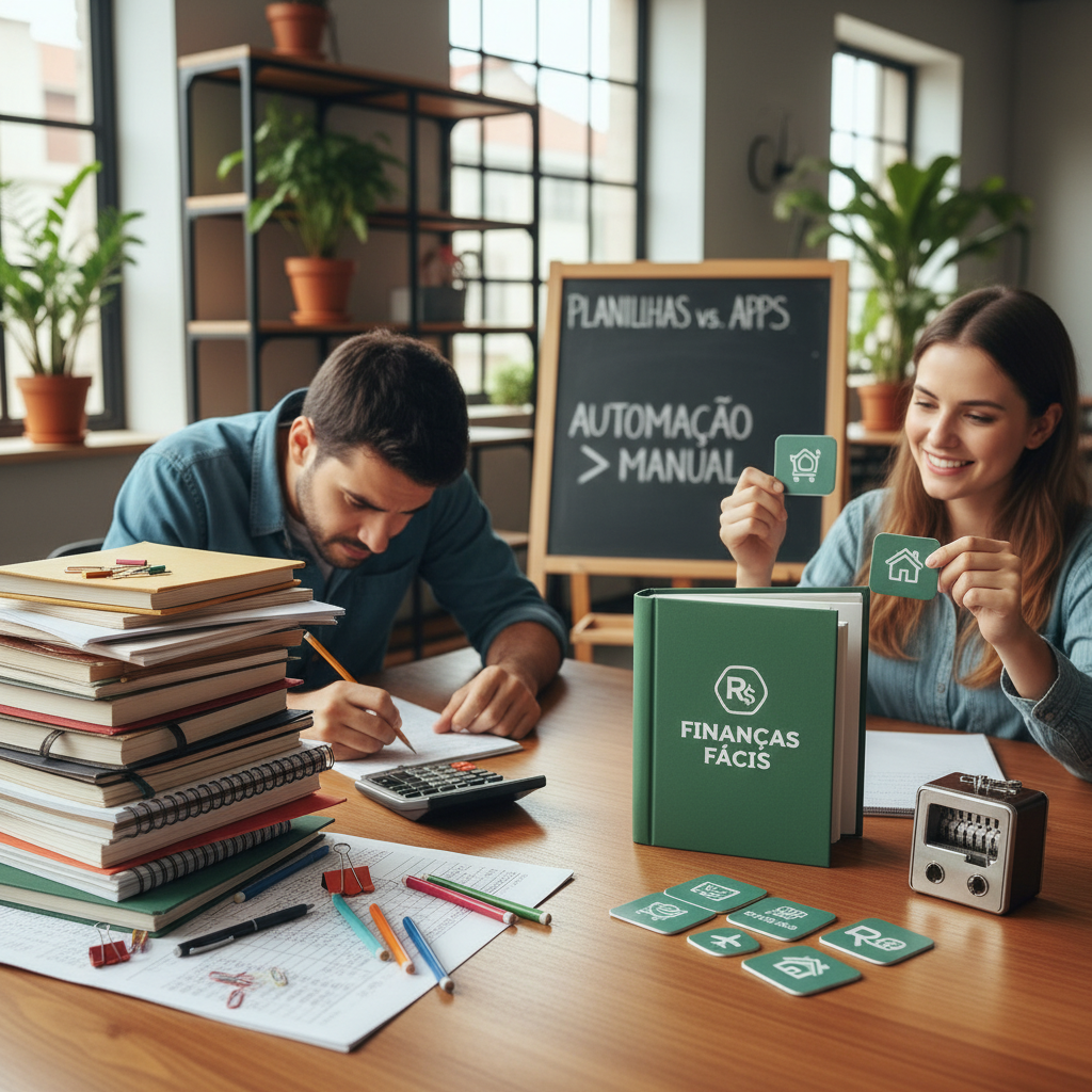Comparação entre planilha de Excel complexa e interface simples de app de finanças pessoais