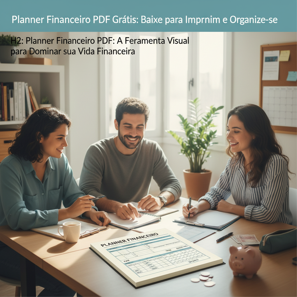 Planner financeiro pdf grátis para imprimir sobre mesa organizada com canetas coloridas, café e plantas