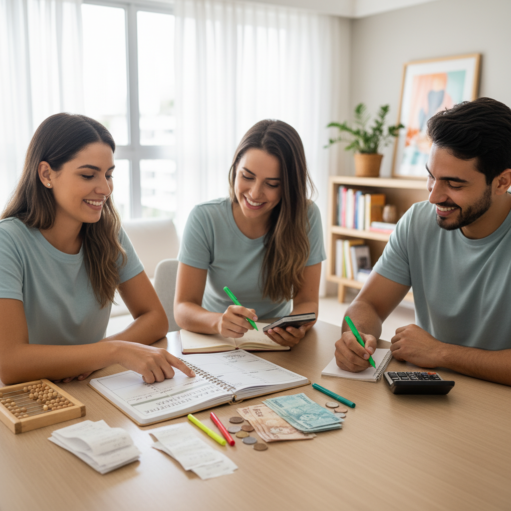 Mãos segurando uma caneta sobre um planner de papel e uma tela de computador com planilha de gastos