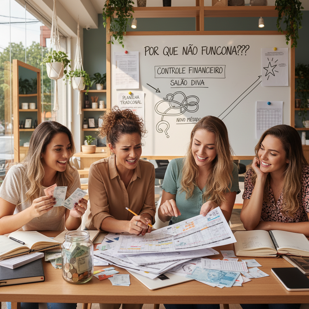 Dono de salão cansado tentando preencher planilha de gastos tradicional no computador