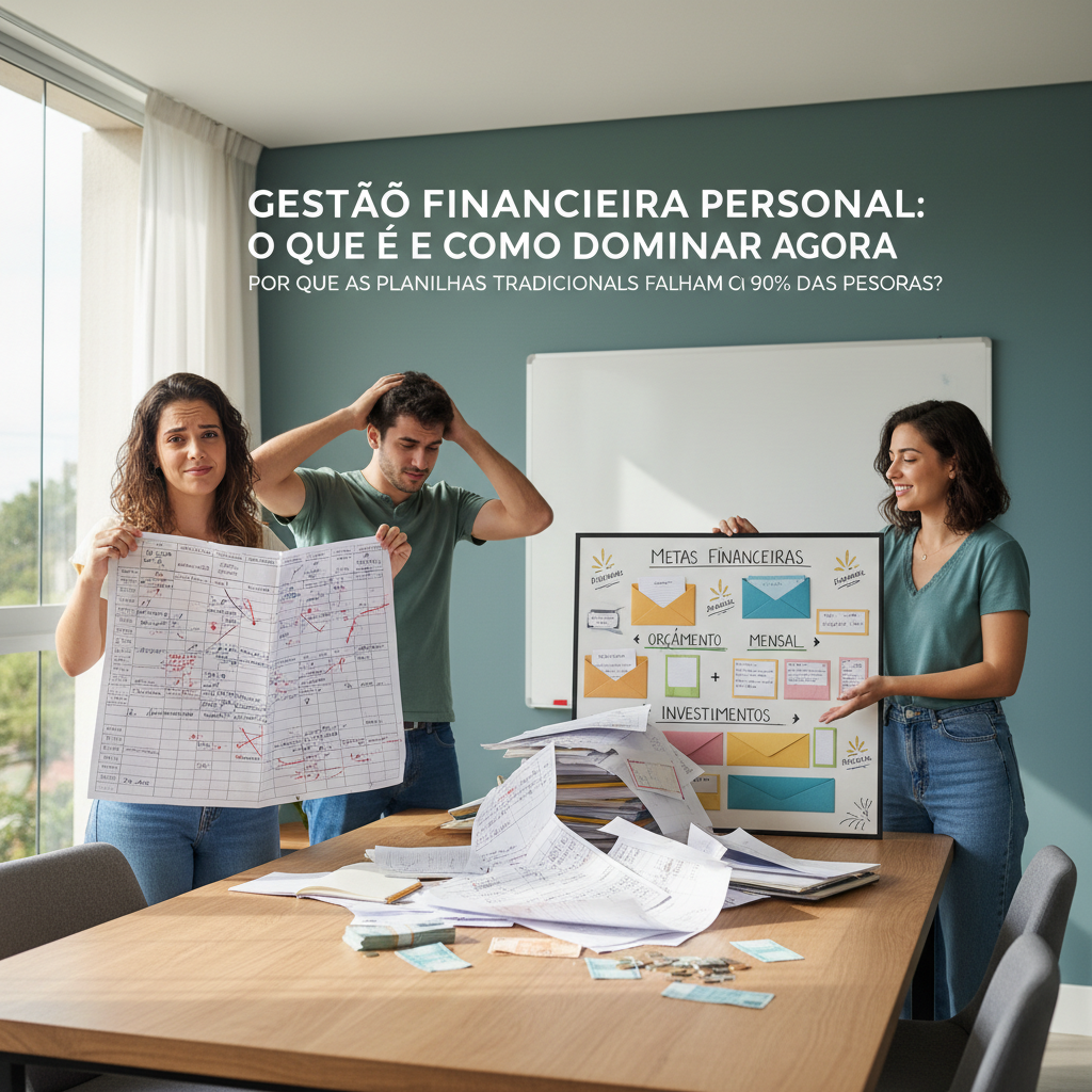 Pessoa frustrada tentando controlar gastos em planilha Excel complexa