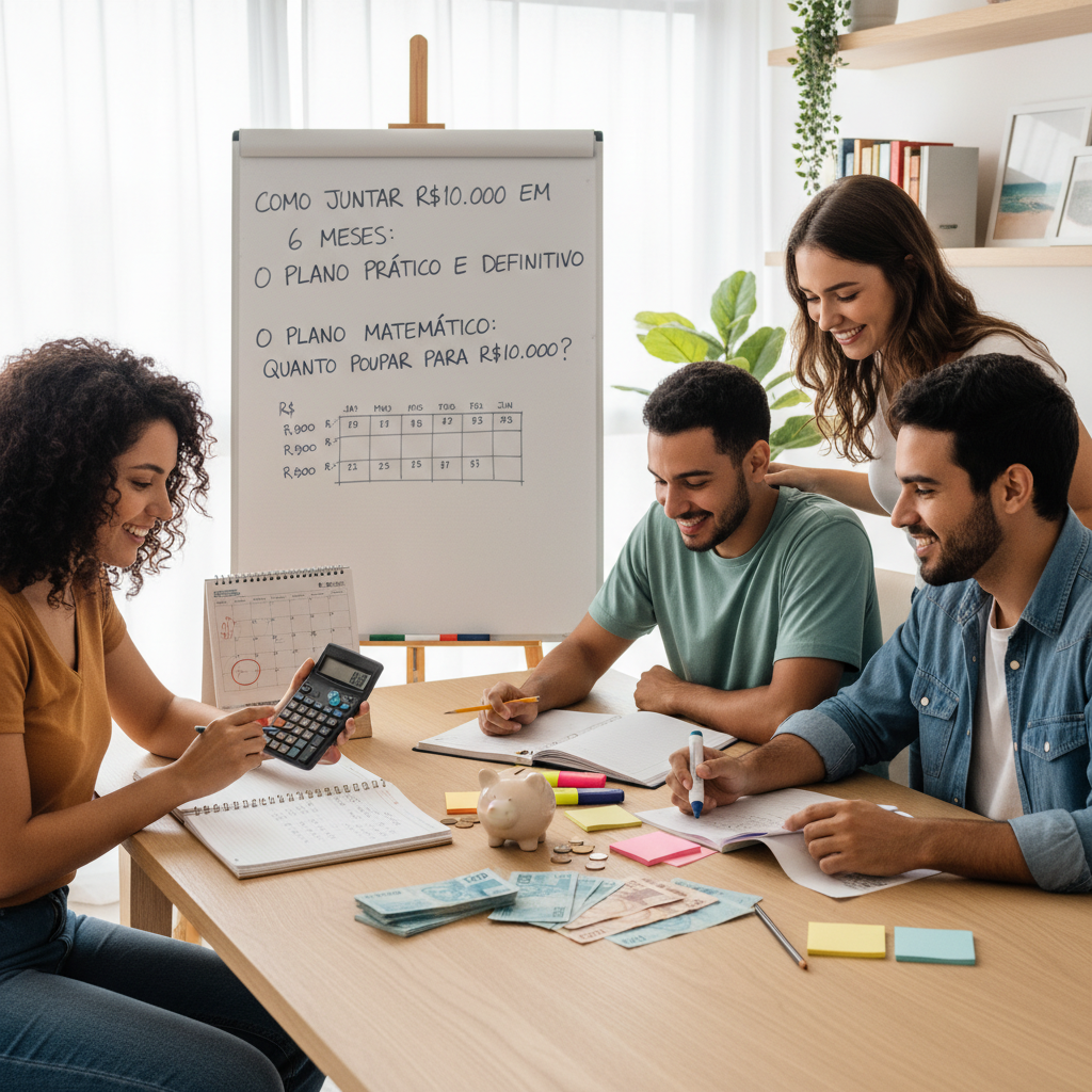 Infográfico mostrando como juntar 10 mil em 6 meses com metas mensais e semanais