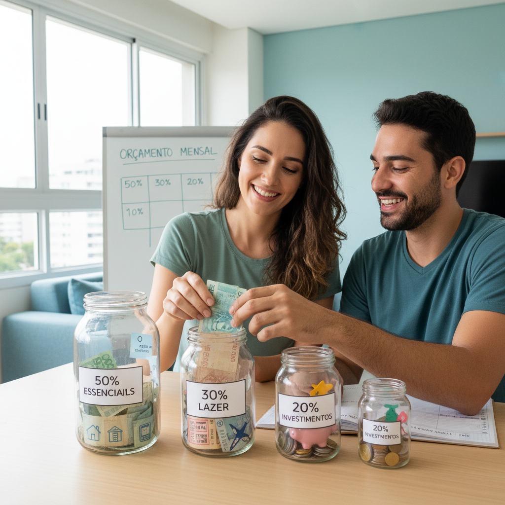 Infográfico explicativo sobre planejamento financeiro 50 30 20 dividindo renda em categorias visuais de cores diferentes