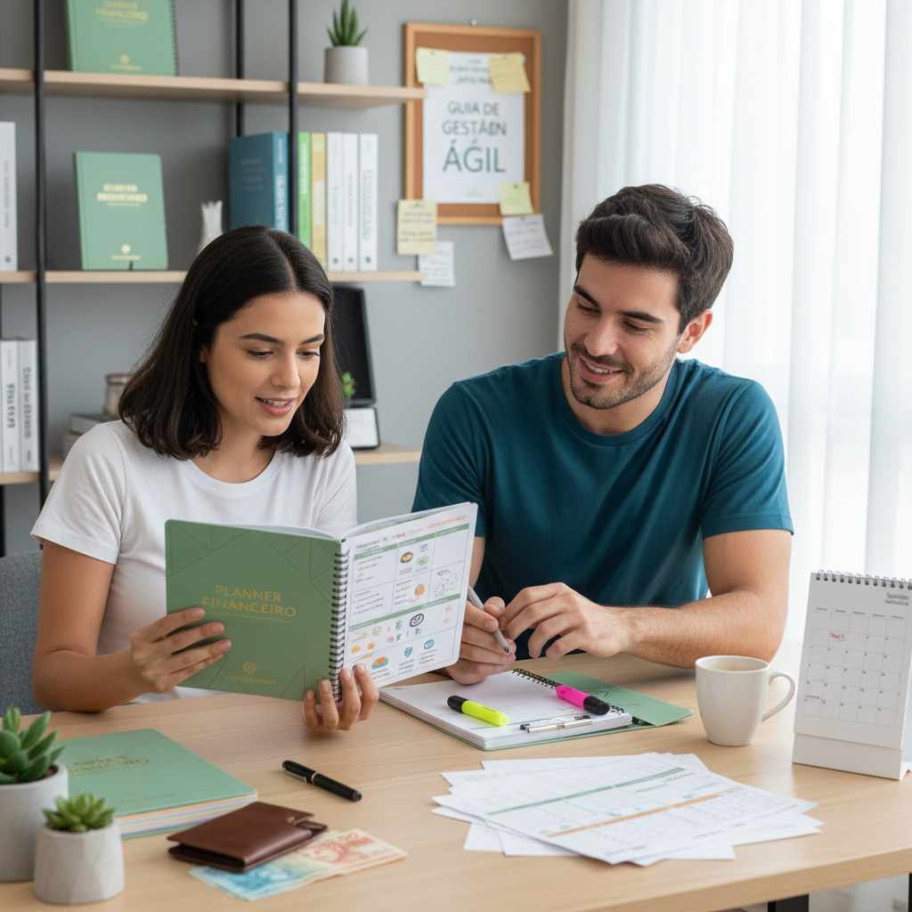Exemplo de planner financeiro caderno inteligente com sistema de discos e folhas reposicionáveis para controle de gastos
