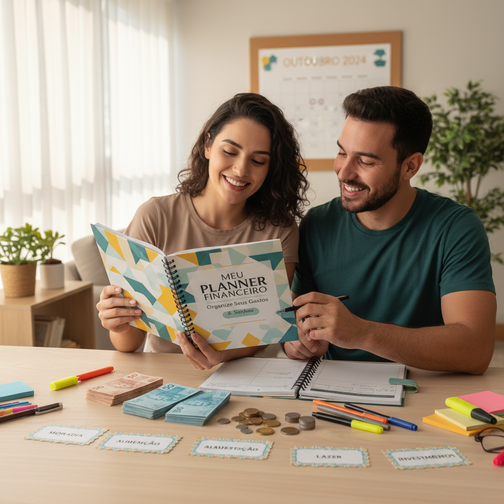 Homem usando um planner financeiro digital grátis no celular para organizar contas