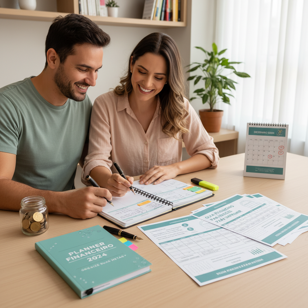 Pessoa utilizando um planner financeiro para imprimir pdf grátis para organizar contas mensais