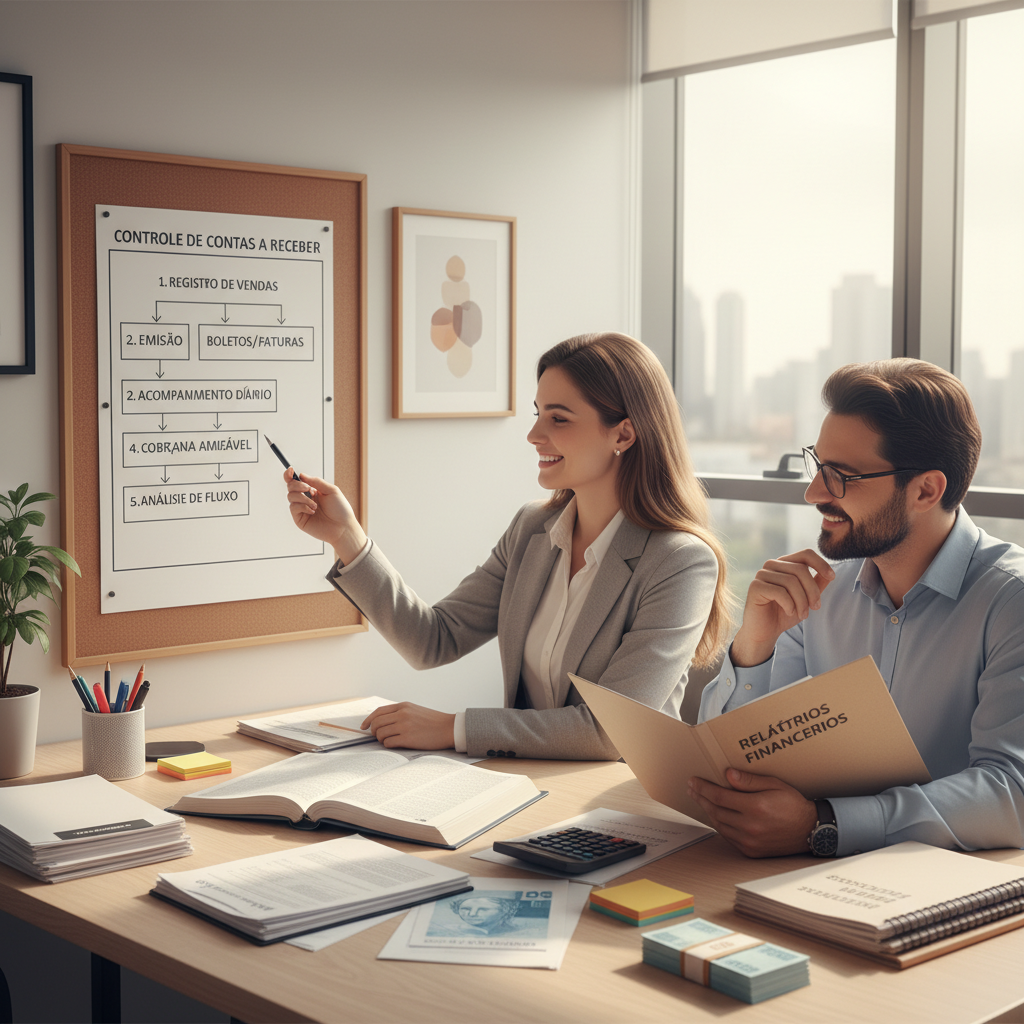 Infográfico visual mostrando etapas de processo eficiente de controle de contas a receber
