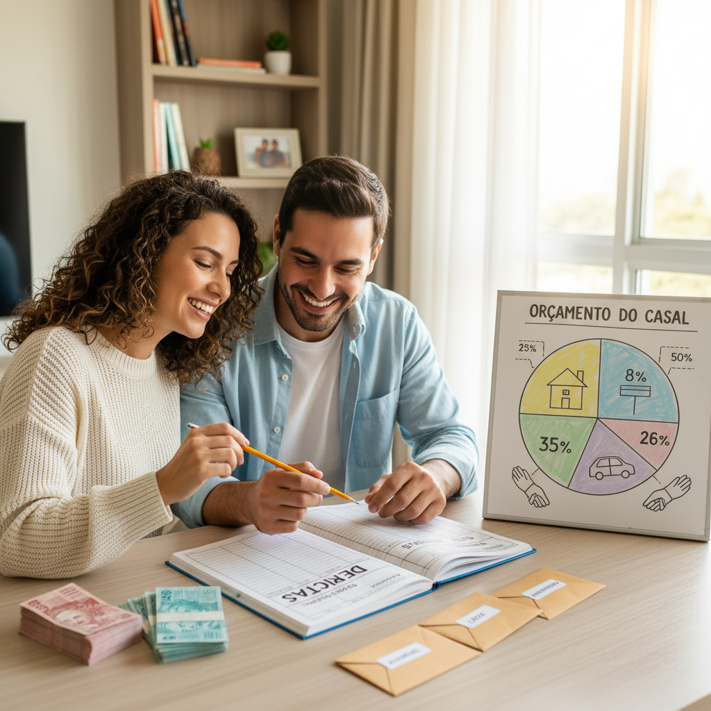 casal frustrado tentando preencher planilhas complexas de controle financeiro