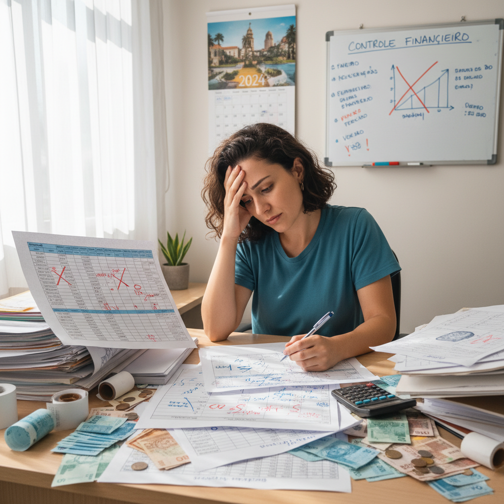 Mulher frustrada tentando fazer controle de gastos no Excel em um notebook