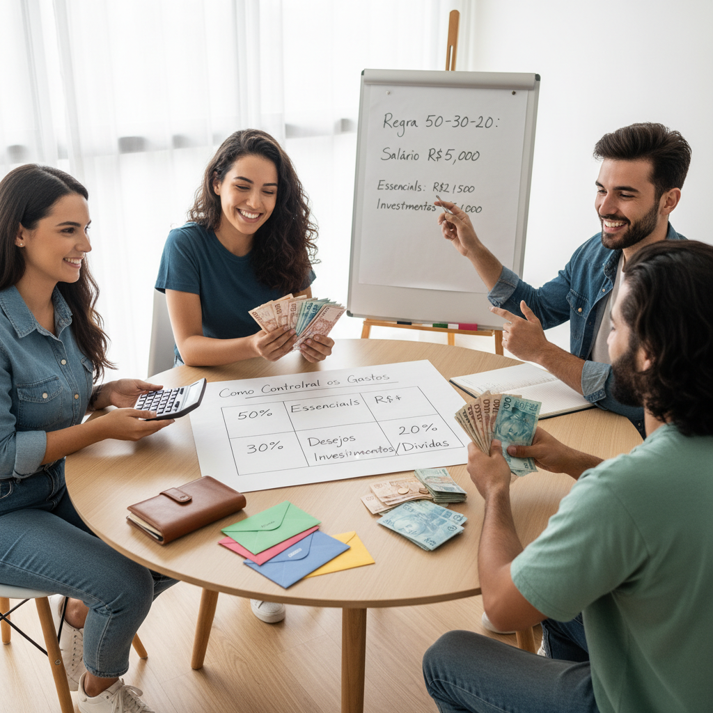 Infográfico da regra 50-30-20 para organizar o orçamento e como controlar os gastos