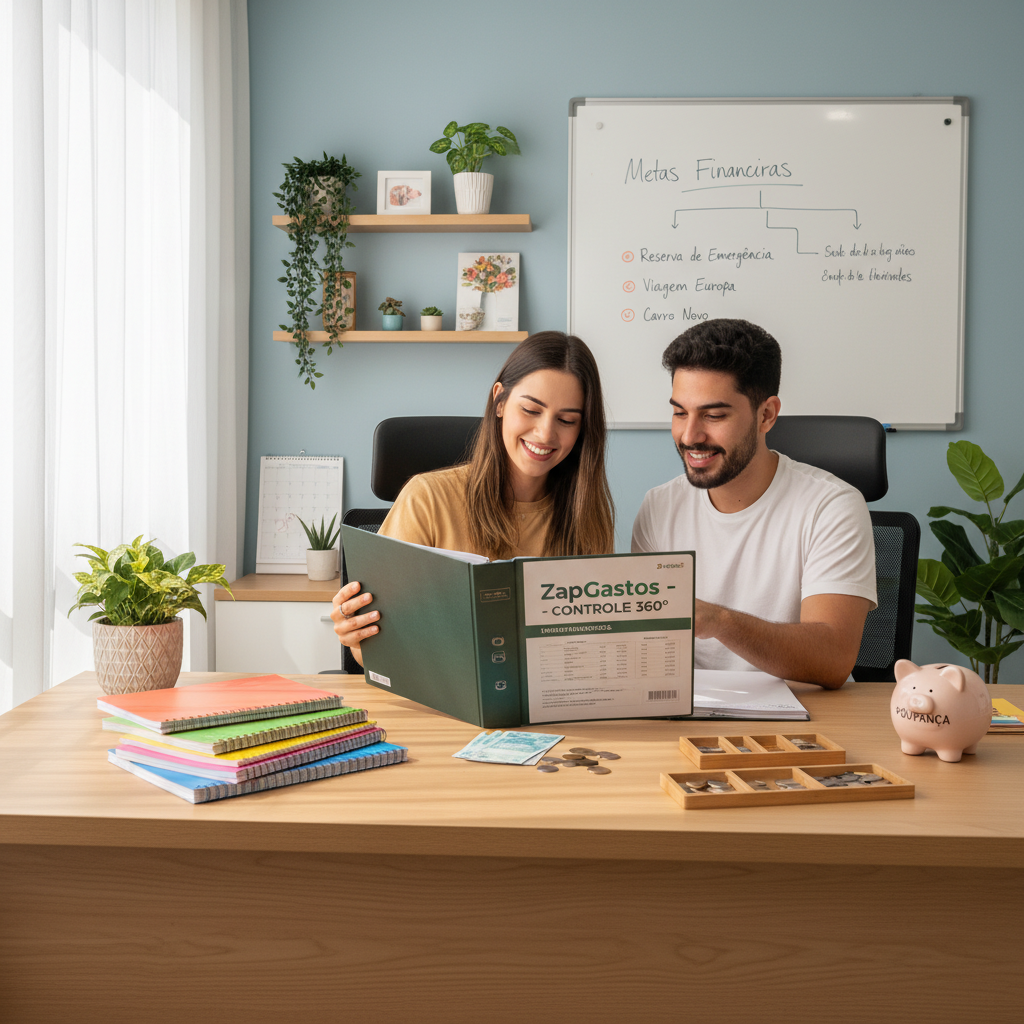 Dashboard do ZapGastos aberto em um PC mostrando gráficos de saúde financeira